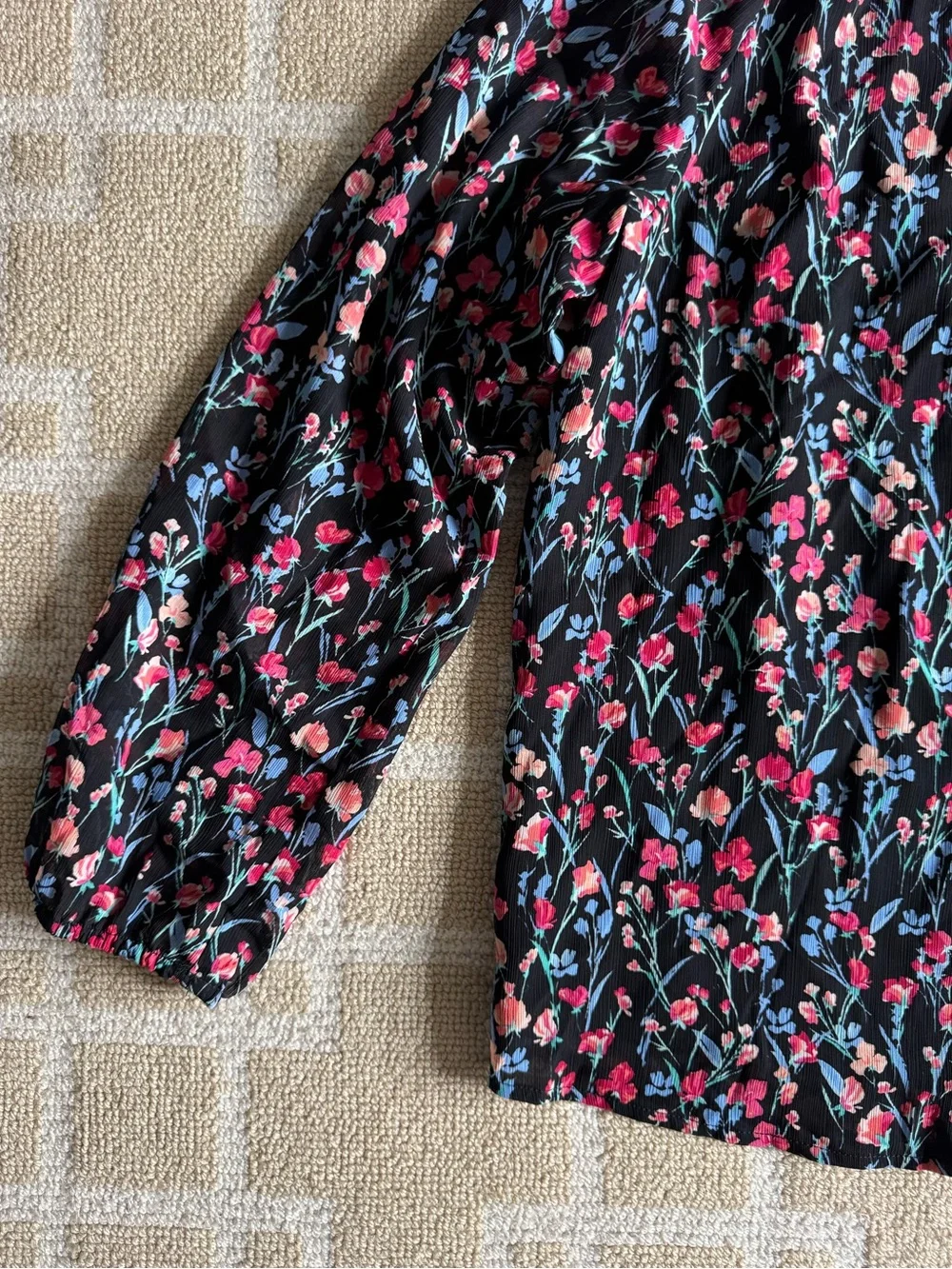 J. Crew Floral Boho Peasant Blouse Black Long Sleeve Lightweight Summer Top M